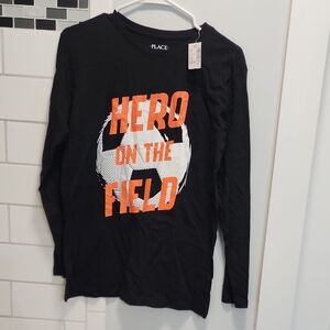 Place Kids Black Long Sleeve Tee with Orange & White Soccer Graphic